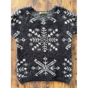 Finn & Clover Womens Large Eyelash Knit Snowflake Sweater Black White Fuzzy Cozy